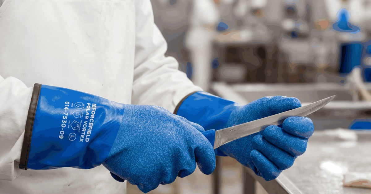 A close-up of a person wearing blue gloves, safety glasses, and a white apron while holding a sharp knife.