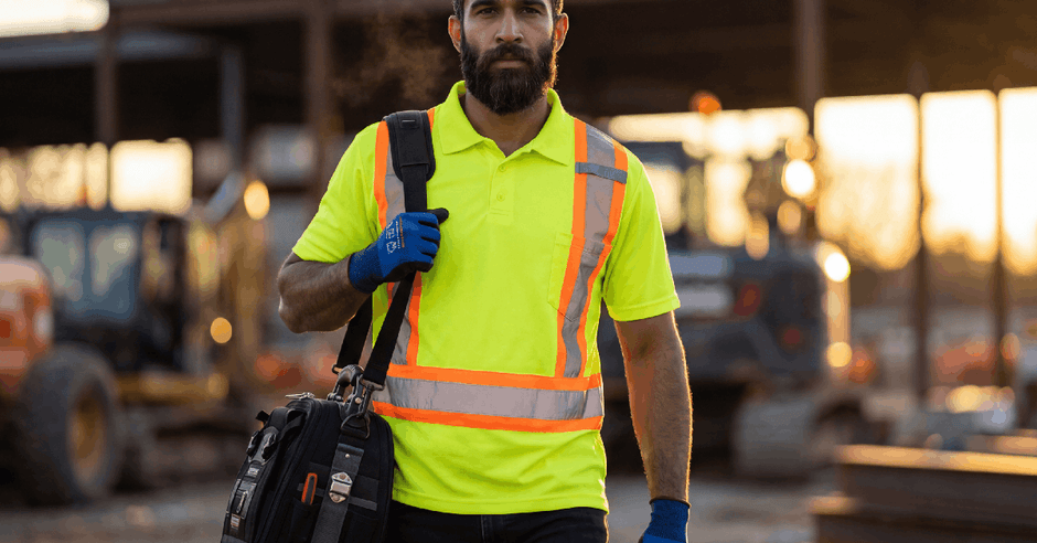 A close-up of a man wearing a yellow high-visibility shirt with reflective stripes, blue gloves, and a bag on his shoulder.