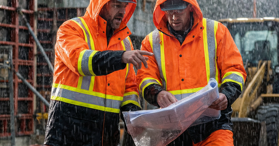 Two construction workers in orange reflective rain gear reviewing plans together at a rainy outdoor jobsite.
