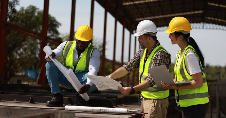 Construction workers on-site adhering to safety protocols with visible machinery and building materials.