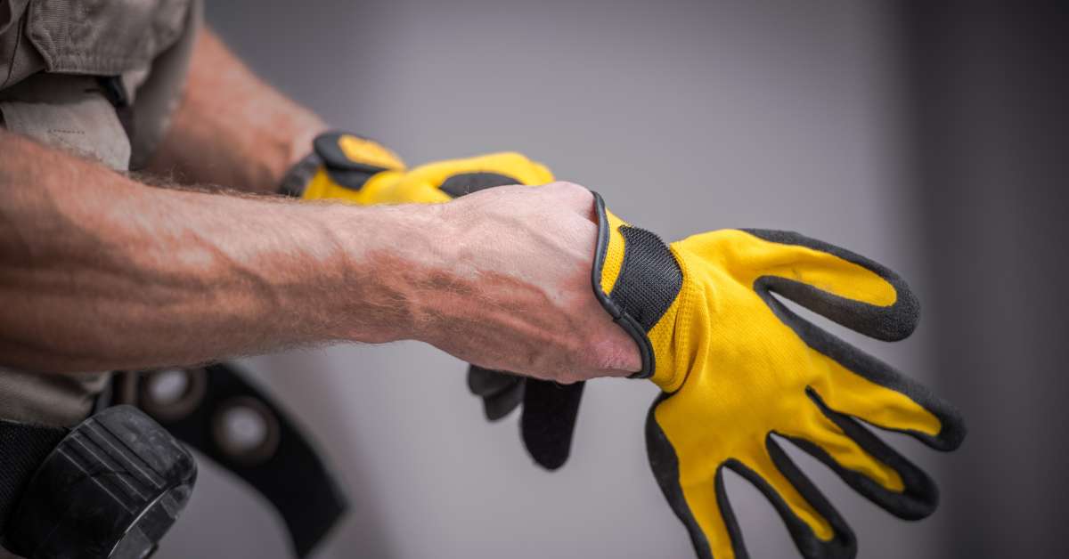 Construction worker wearing gloves while handling materials, demonstrating the importance of appropriate hand protection.