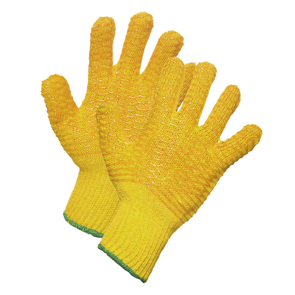 Yellow String Knit Work Gloves with PVC Criss-Cross Grip, L