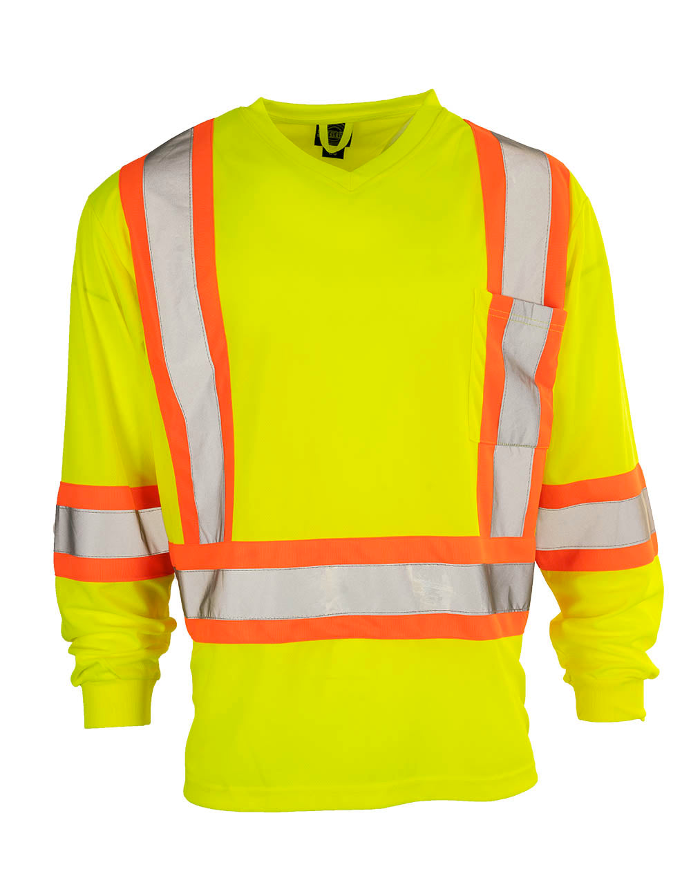 Forcefield Hi Vis V-Neck Long Sleeve Safety Tee with Chest Pocket