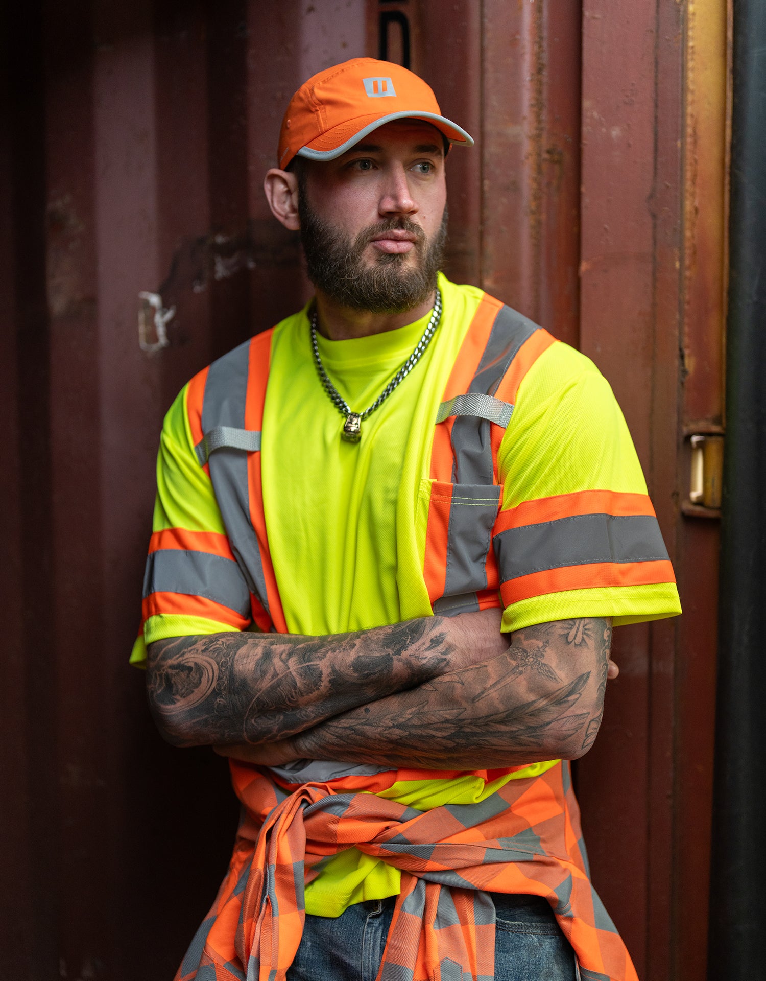 Forcefield Hi Vis Crew Neck Short Sleeve Safety Tee Shirt with Chest Pocket and Arm Bands