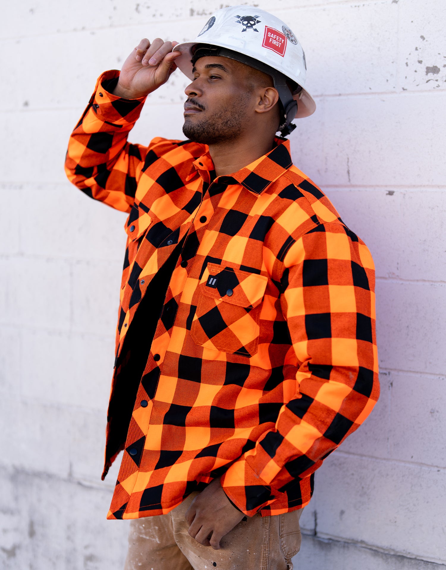 Hi Vis Orange/Black Buffalo Plaid Quilted Flannel Shirt Jacket