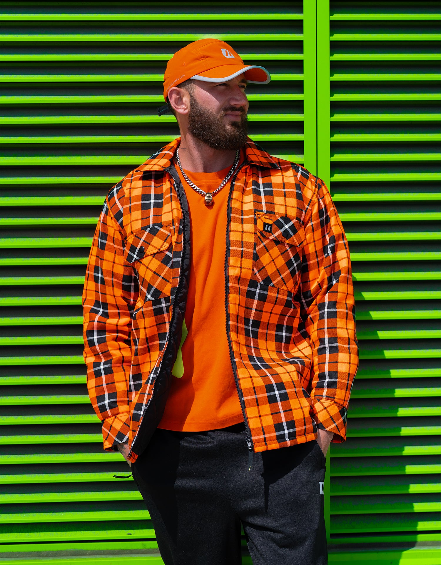 Forcefield Hi Vis Orange Tartan Plaid Quilted Flannel Shirt Jacket with Front Zip