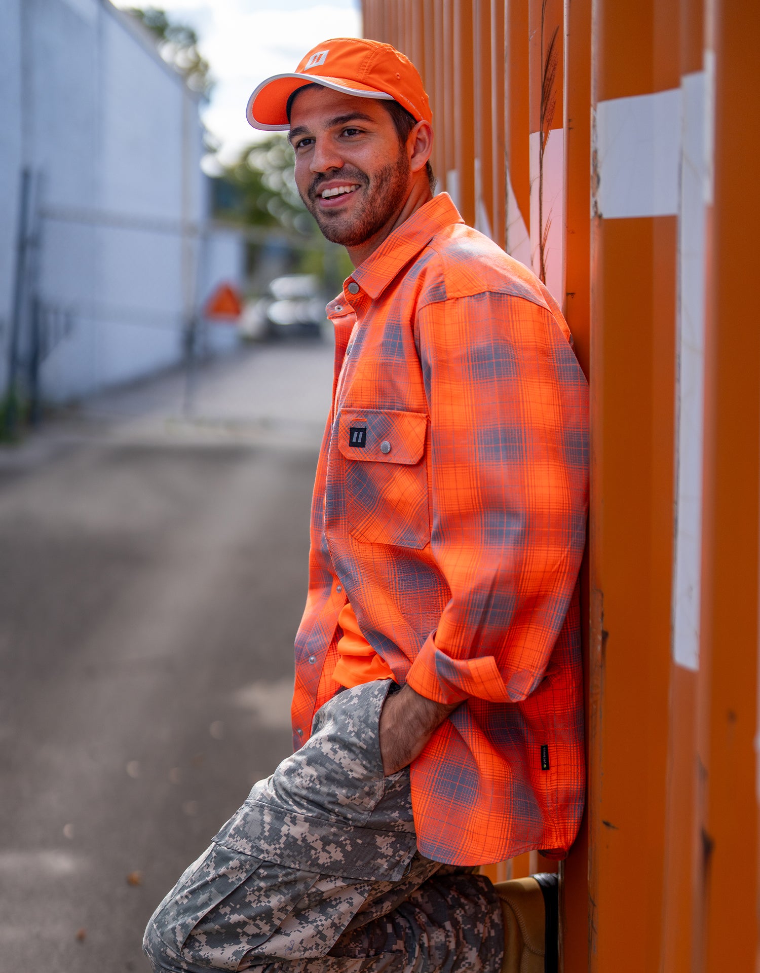 Hi Vis Orange Shadow Plaid Quilted Flannel Shirt Jacket