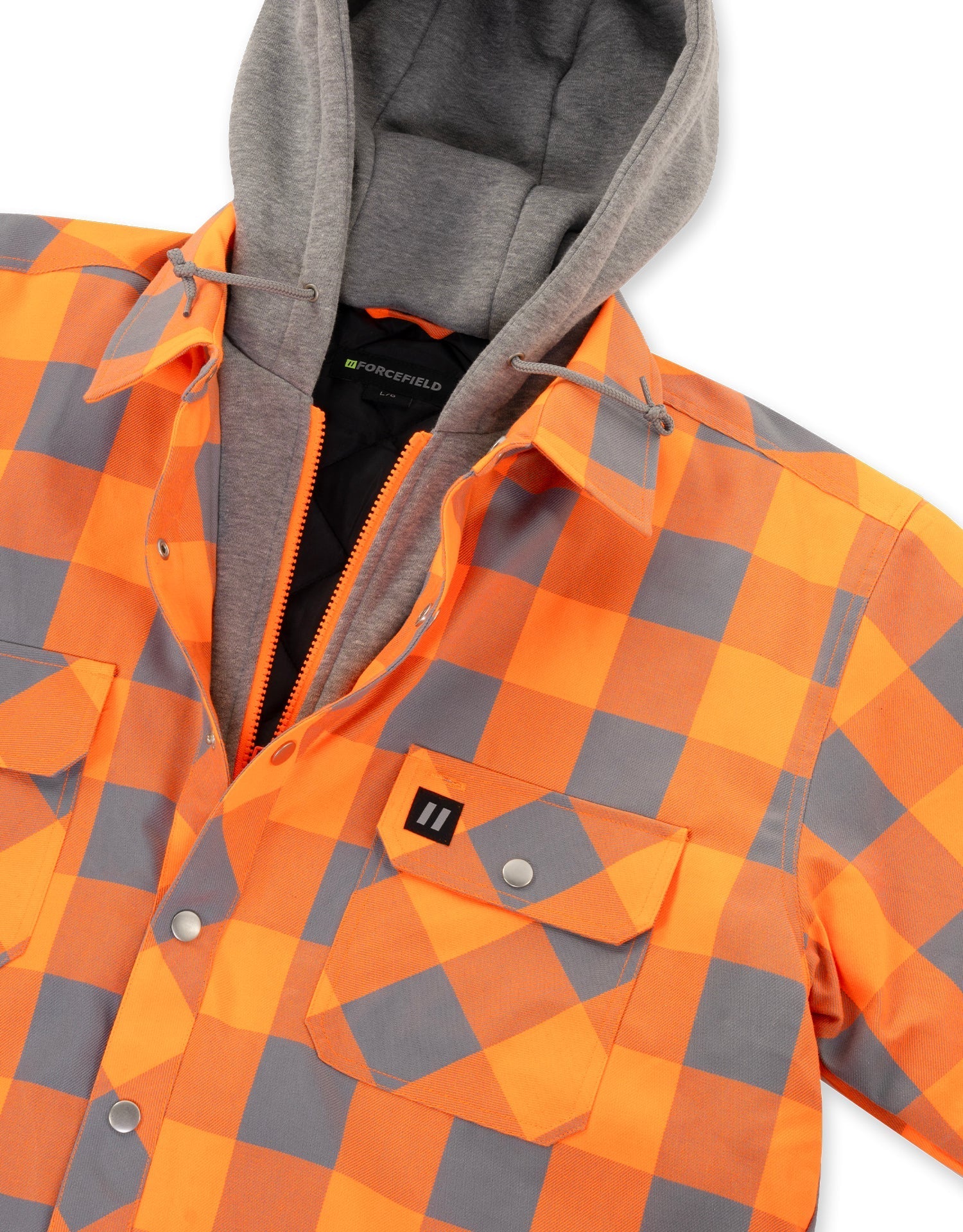 Forcefield Hi Vis Orange/Silver Buffalo Plaid Hooded Quilt-Lined Flannel Shirt Jacket
