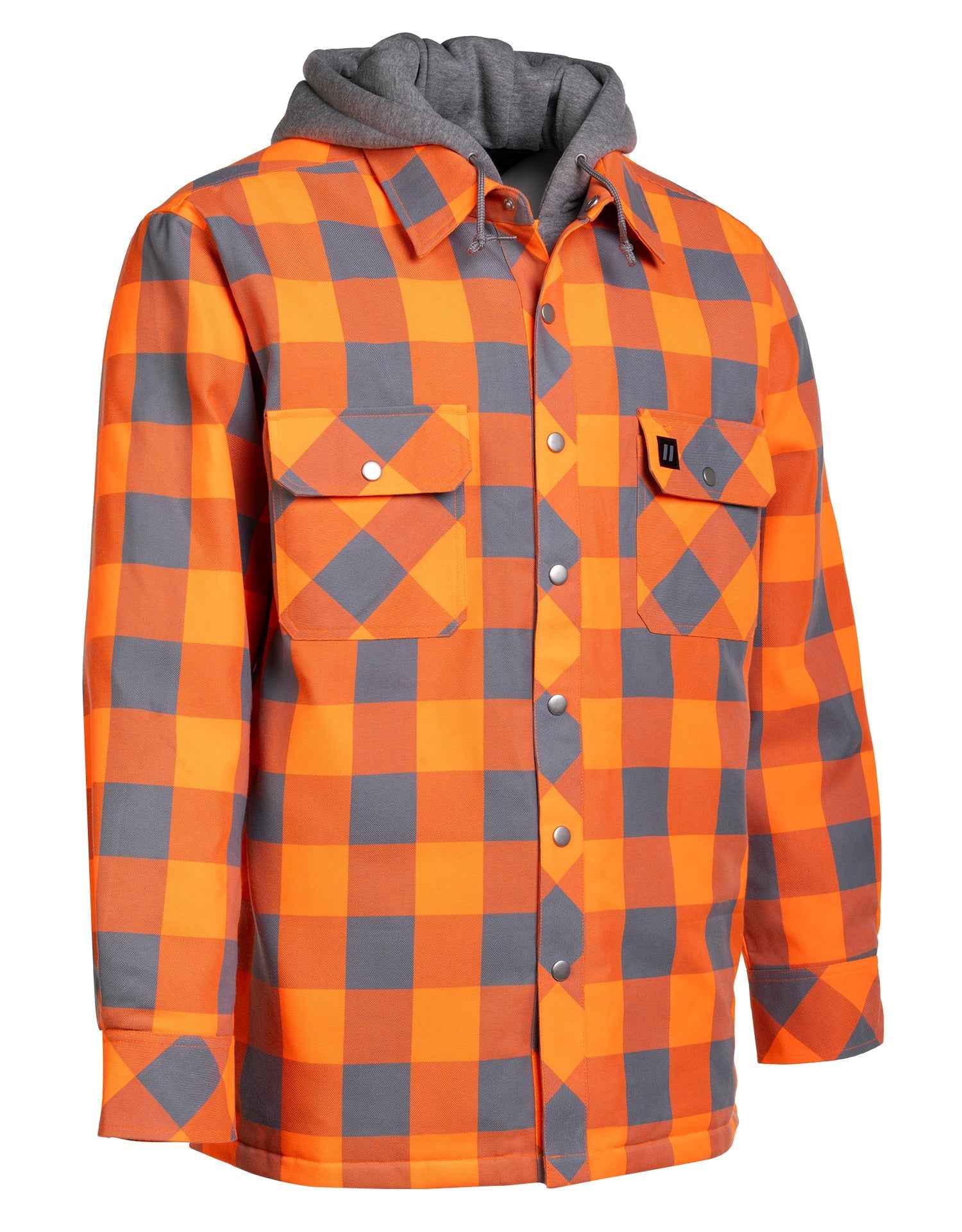 Hi Vis Orange/Silver Buffalo Plaid Hooded Quilt-Lined Flannel Shirt Jacket