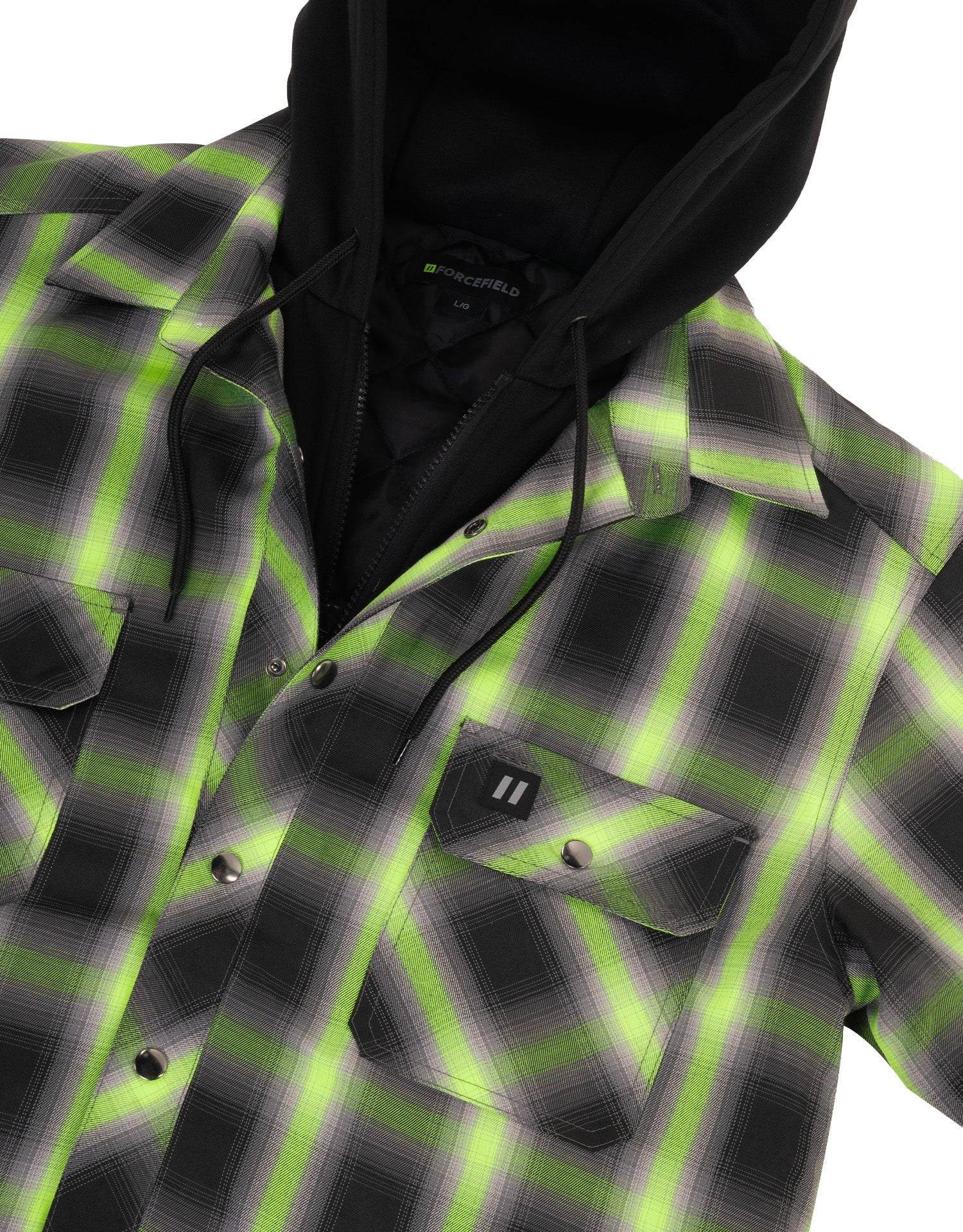 Lime Ombre Plaid Hooded Quilt-lined Shirt Jacket