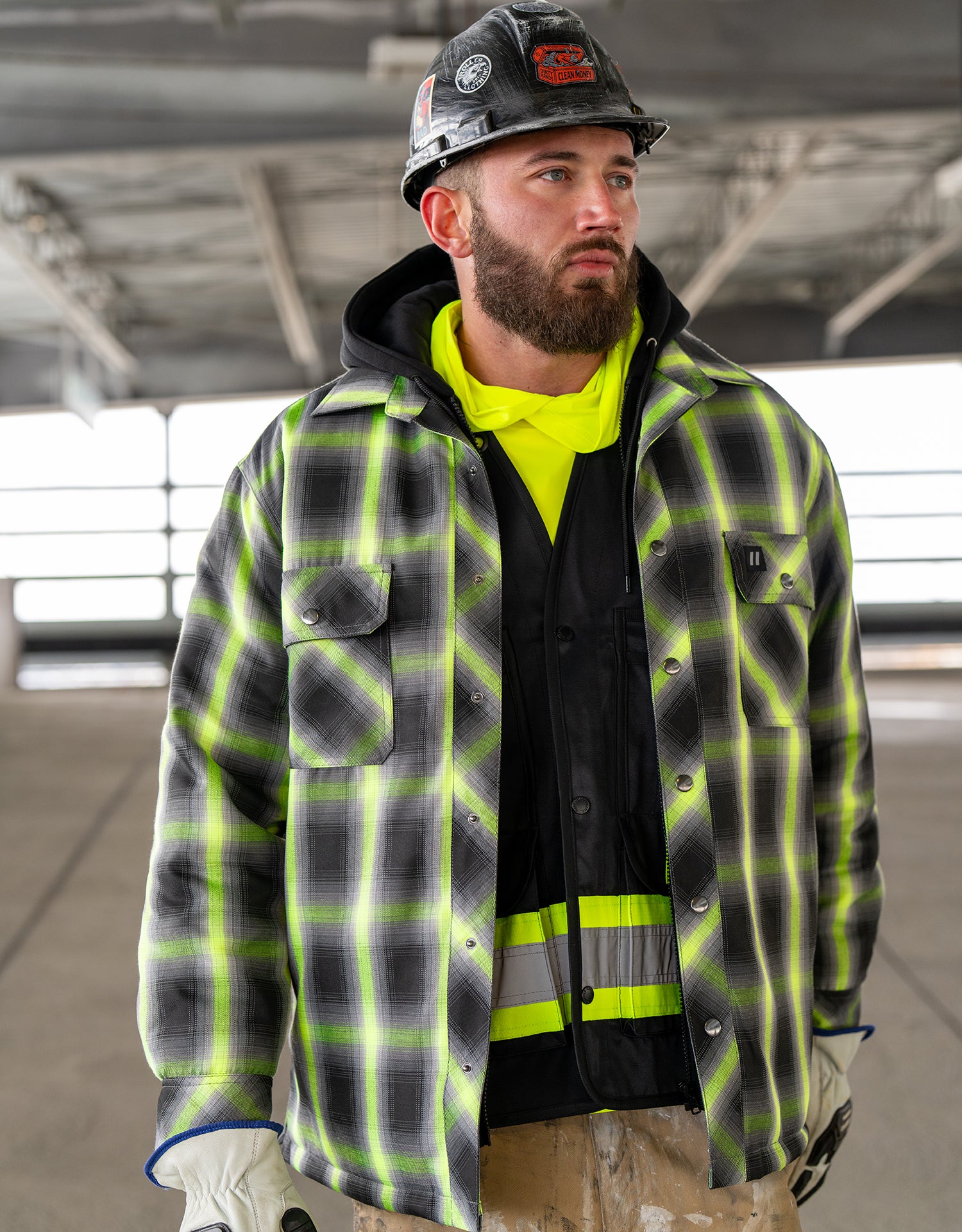 Lime Ombre Plaid Hooded Quilt-lined Shirt Jacket