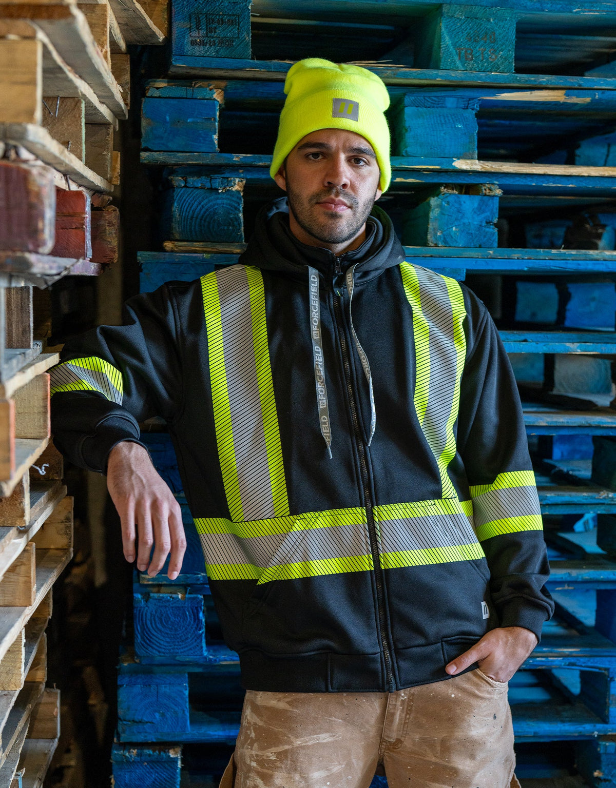 Forcefield Deluxe Hi Vis Safety Hoodie with Segmented Reflective Tape and Detachable Hood