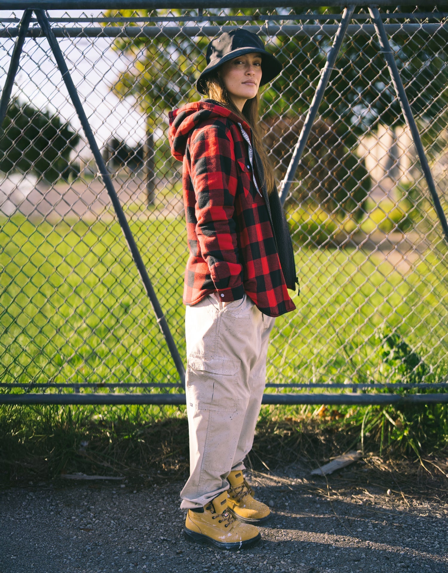 Forcefield Women's Hooded Sherpa-Lined Buffalo Plaid Flannel Shirt jacket