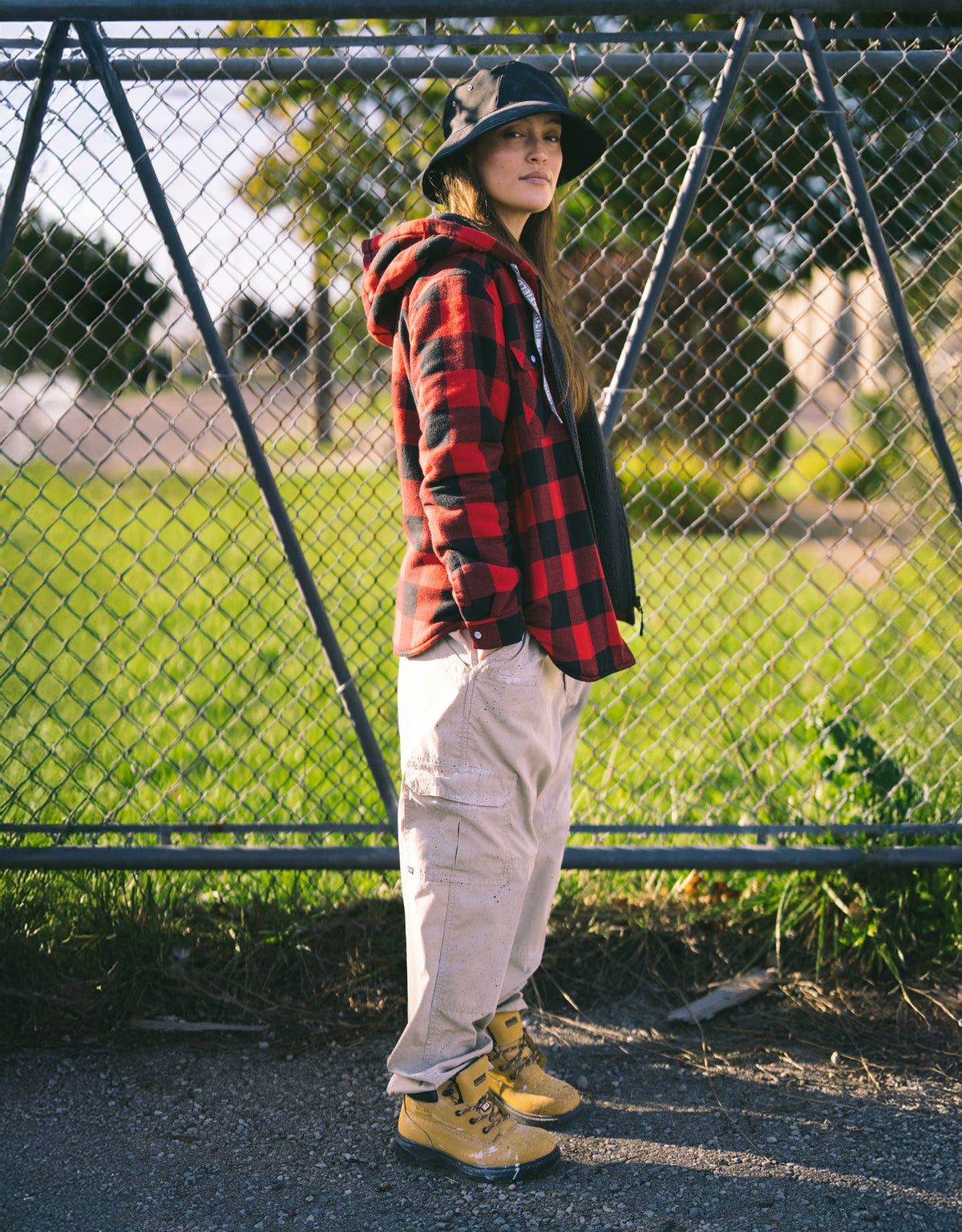 Forcefield Women's Hooded Sherpa-Lined Buffalo Plaid Flannel Shirt jacket
