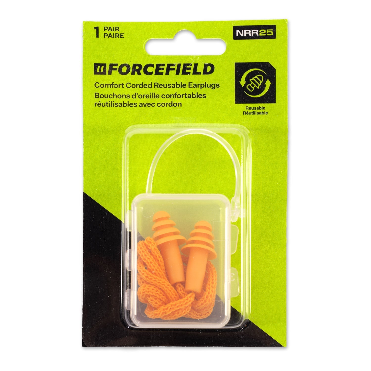 Forcefield Comfort Corded Reusable Earplugs, NRR 25