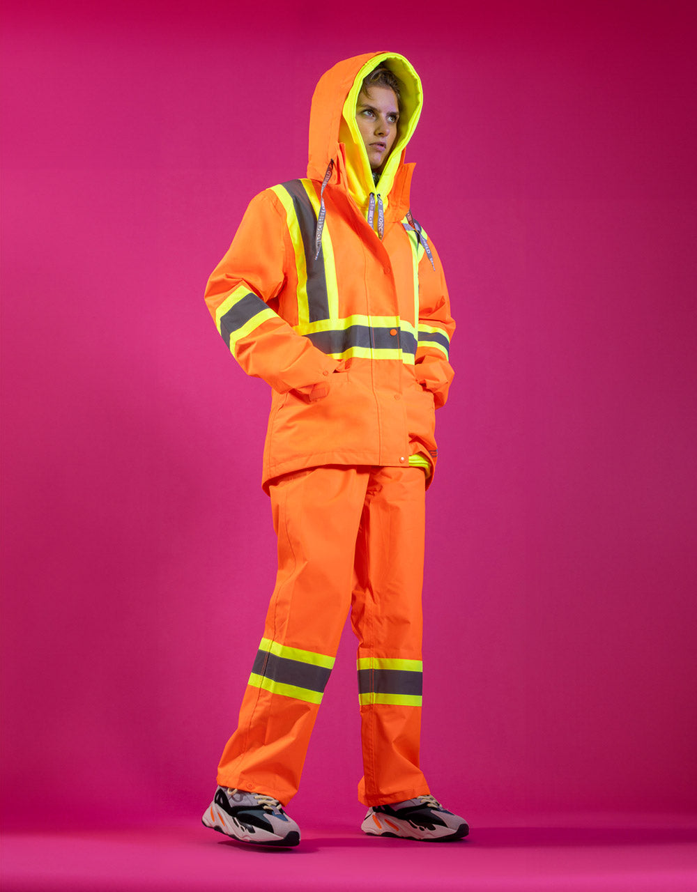 Forcefield Women's Hi Vis Safety Rain Jacket with Snap-Off Hood