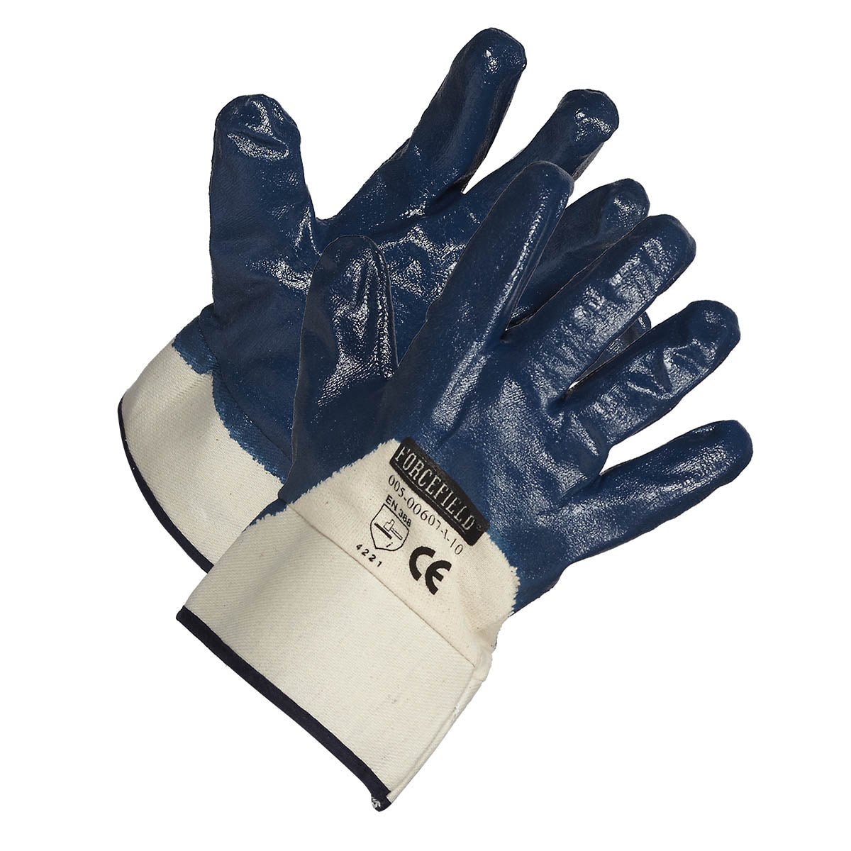 Forcefield Blue Nitrile Palm Coated Work Gloves, Cotton Supported, Safety Cuff