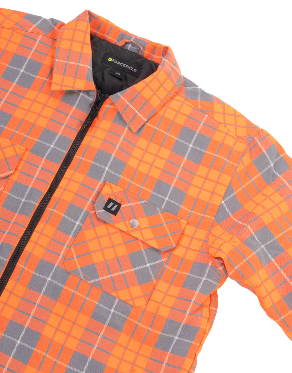 Hi Vis Orange Plaid Quilted Flannel Shirt Jacket with Front Zip