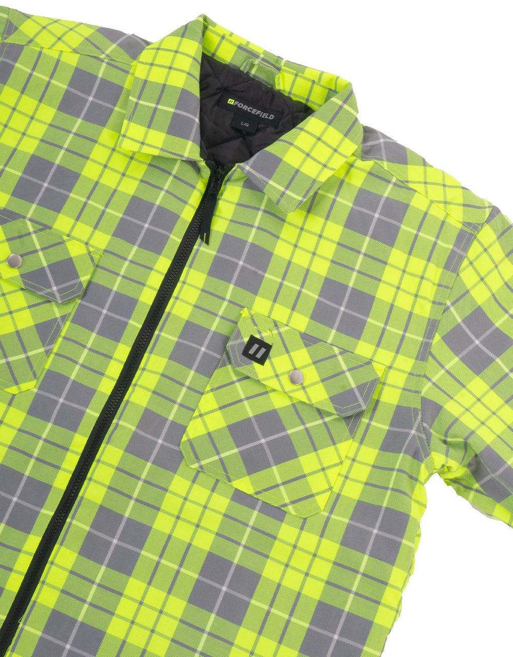 Forcefield Hi Vis Lime Plaid Quilted Flannel Shirt Jacket with Front Zip