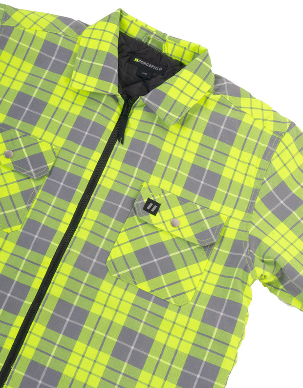 Hi Vis Lime Plaid Quilted Flannel Shirt Jacket with Front Zip