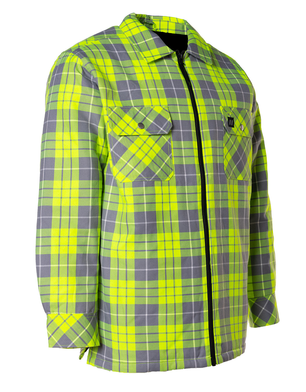 Forcefield Hi Vis Lime Plaid Quilted Flannel Shirt Jacket with Front Zip