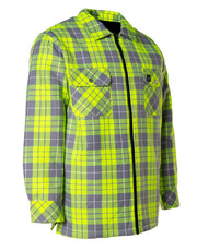 Hi Vis Lime Plaid Quilted Flannel Shirt Jacket with Front Zip