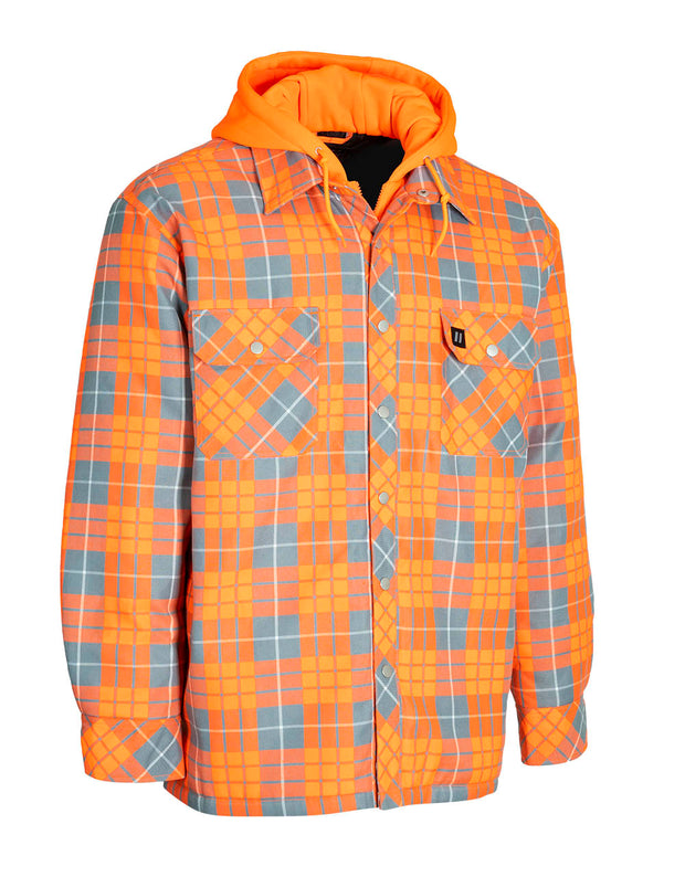 Hi Vis Orange Hooded Plaid Quilt-Lined Flannel Shirt Jacket
