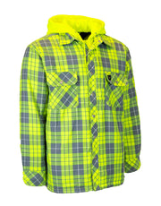 Hi Vis Plaid Hooded Quilted Flannel Shirt Jacket with Reflective Striping