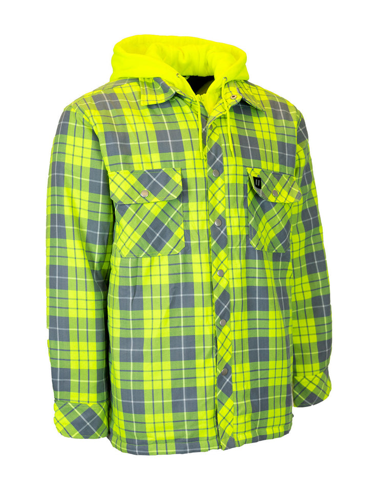 Hi Vis Hooded Plaid Quilt-Lined Flannel Shirt Jacket, XL
