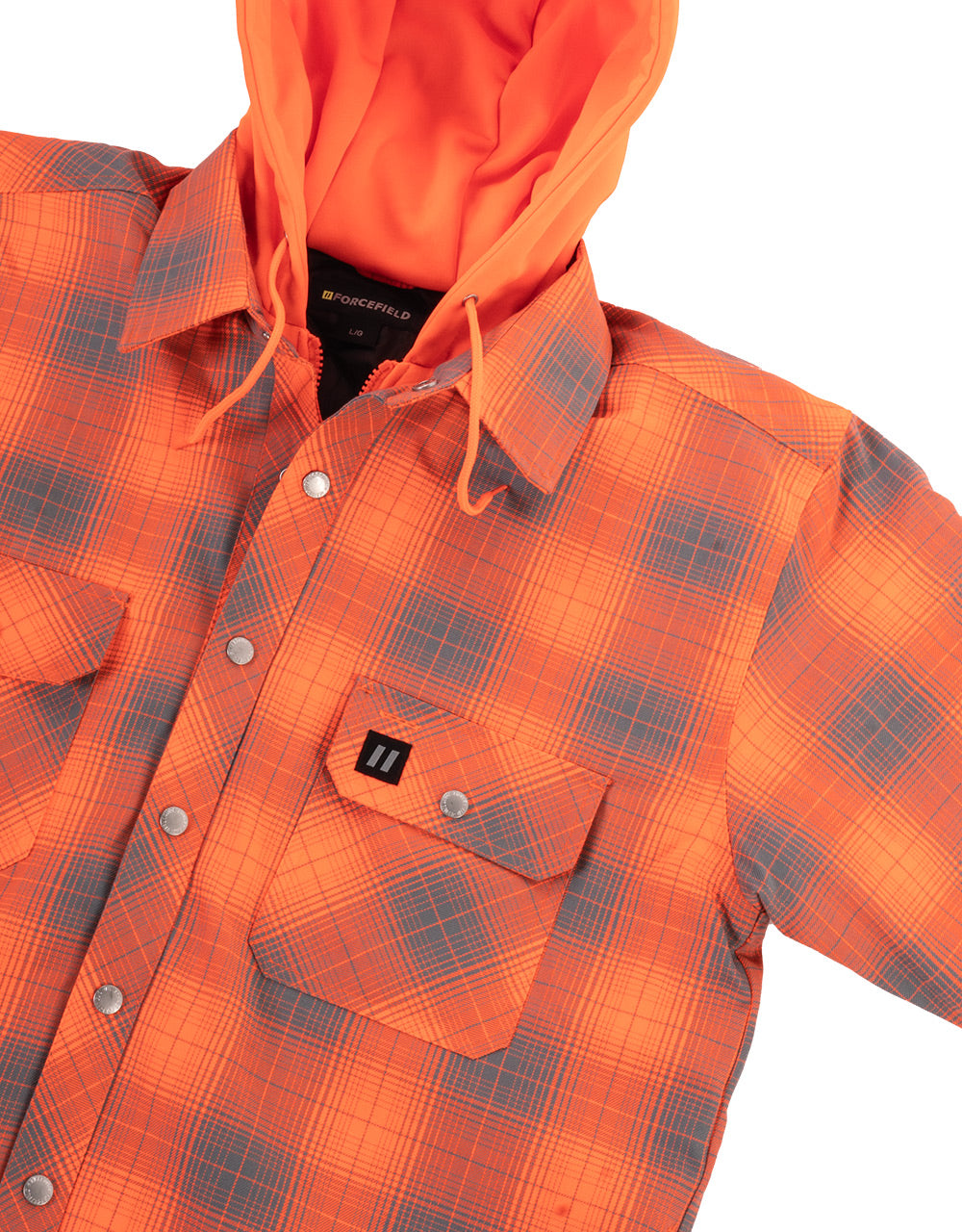 Hi Vis Orange Shadow Plaid Hooded Quilt-Lined Flannel Shirt Jacket