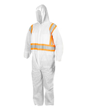 White Disposable SMS Coverall with Hood and Reflective Tape