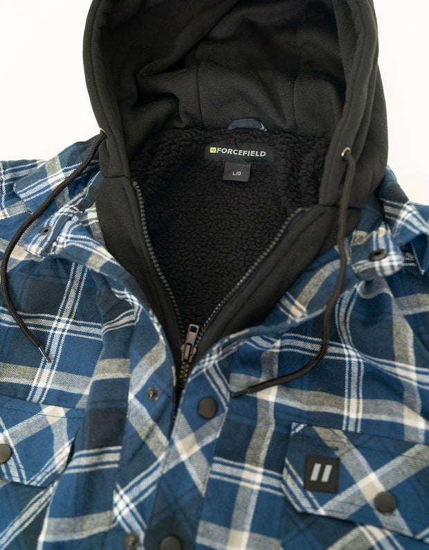 Blue Hooded Sherpa-Lined Flannel Shirt Jacket