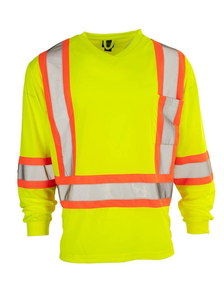 Custom Printed Hi Vis V-Neck Long Sleeve Safety Tee - Hi Vis Safety