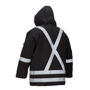 Winter Lined Black Cotton Canvas Parka with Reflective Stripes - Hi Vis Safety