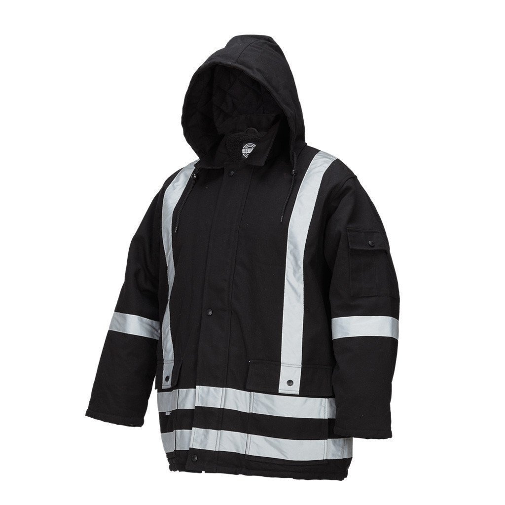 Winter Lined Black Cotton Canvas Parka with Reflective Stripes - Hi Vis Safety